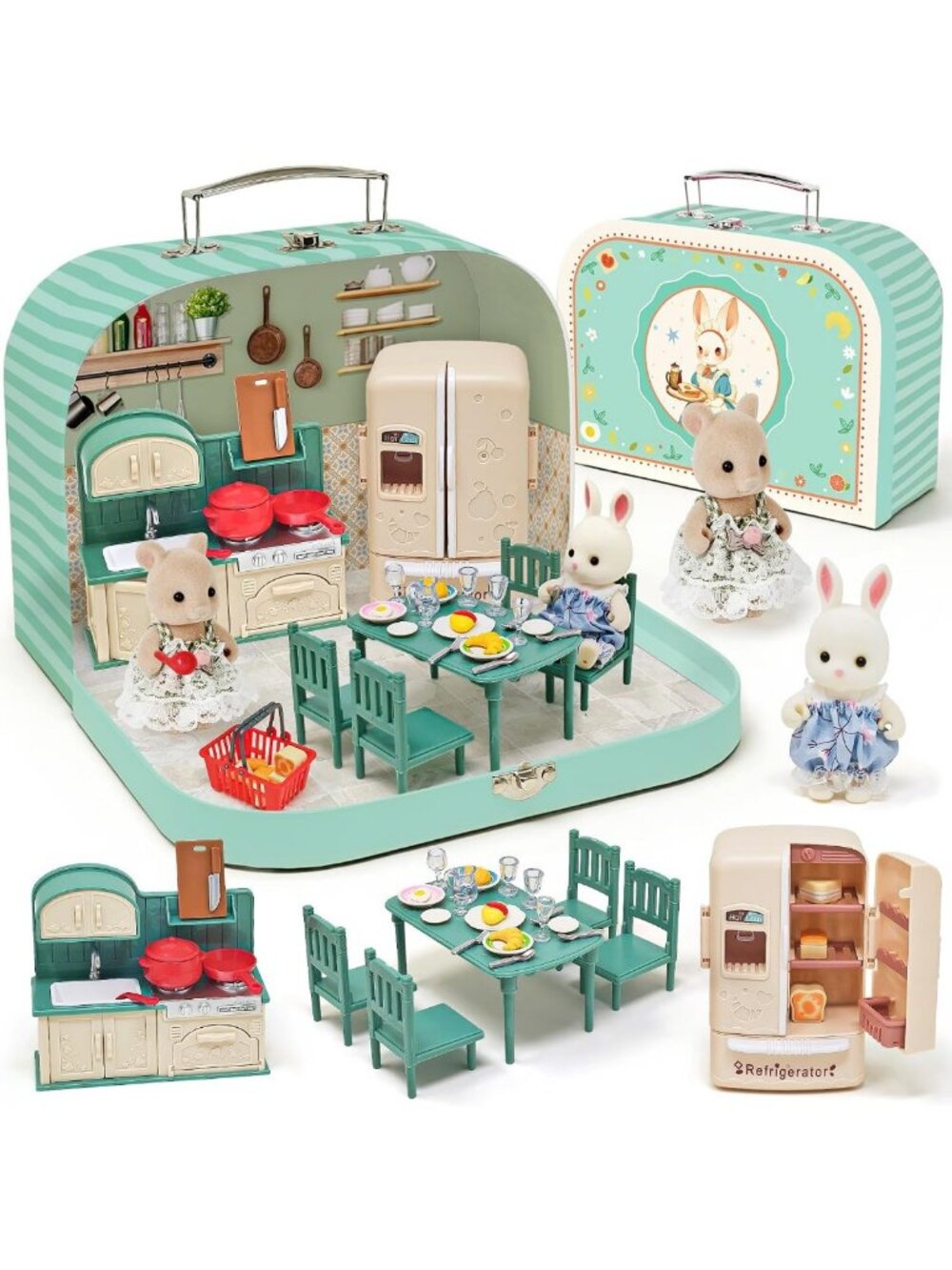 Kids Dollhouse Kitchen Furniture Set with Dolls, Dining Table & Kitchenware